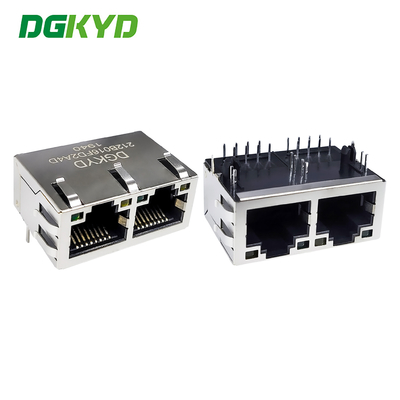 RJ45 イーサネットポートコネクタ 8P8C ライトストライプシールド付き デュアルポート水平ソケット DGKYD212B016FD2A4D